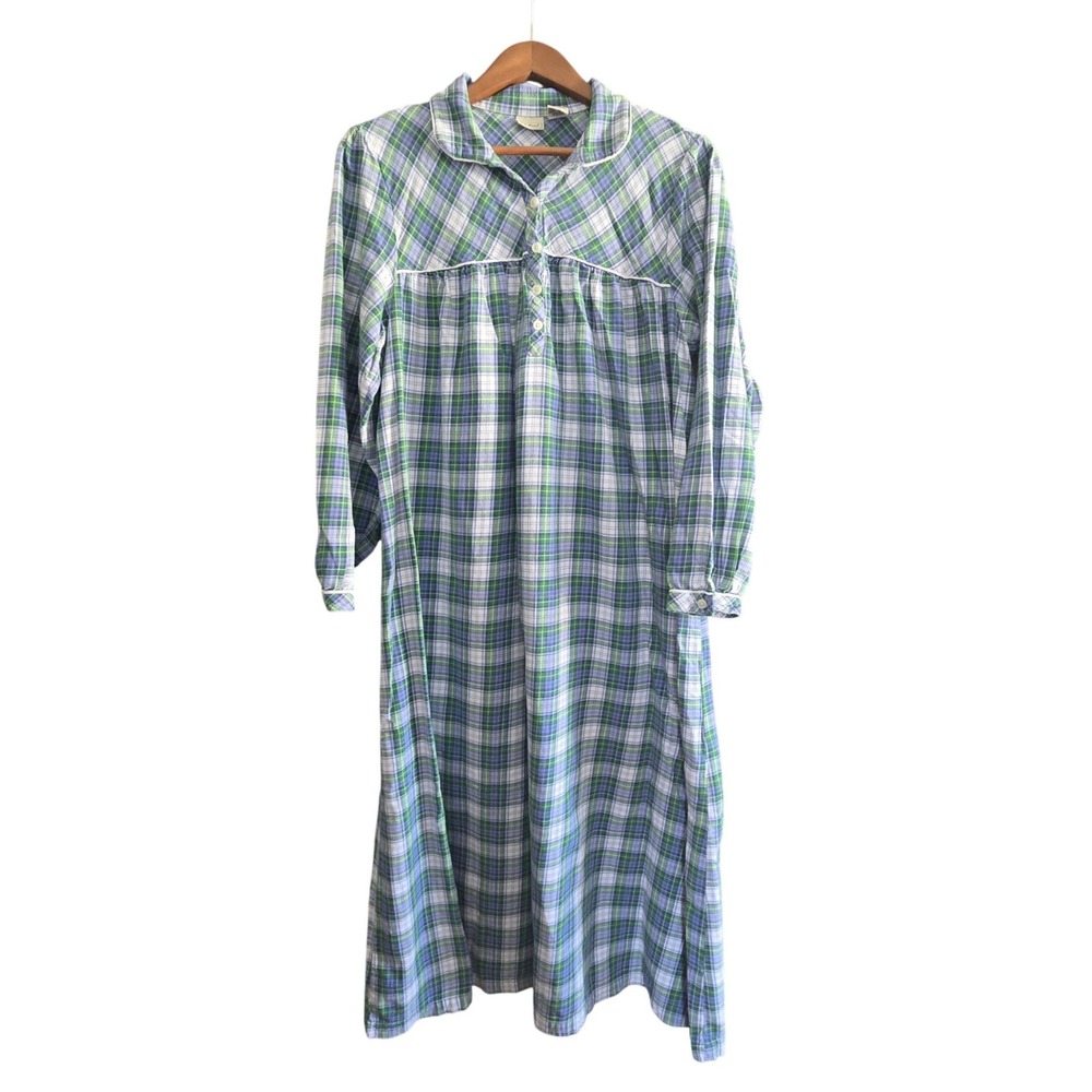 LL Bean Womens‎ Blue Green Plaid Cotton Long Sleeve Nightgown Medium
